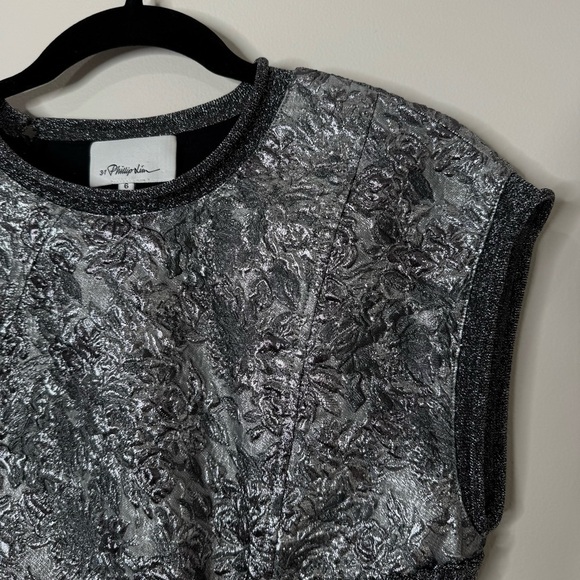 3.1 Philip Lim Metallic Silver Black Brocade Ribbed Knit Cap Sleeve Blouse Top - Picture 3 of 13